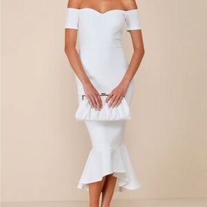Lulu's White Bodycon Midi Dress Off the Shoulder Sweetheart Neckline